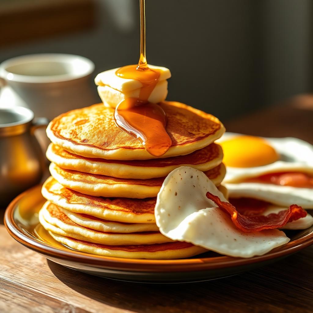 Pancakes with bacon and eggs